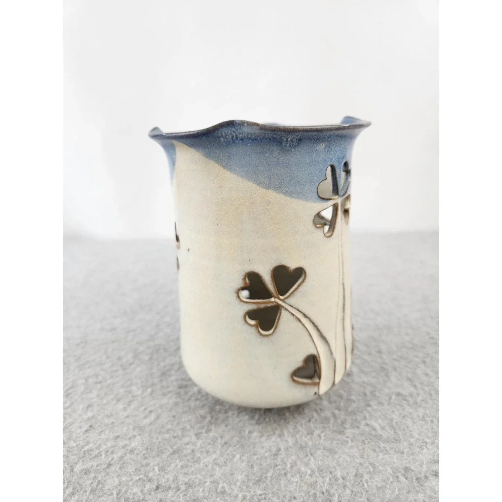 Vtg Welsh Art‎ Pottery Candle Vase Pillar Gray Davis Heart Flowers Clovers 1983